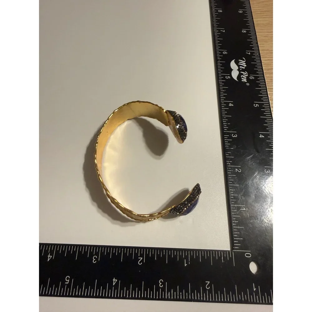 Hammered Gold Tone Blue Stone Pave Crystal Open‎ Cuff Statement Bracelet